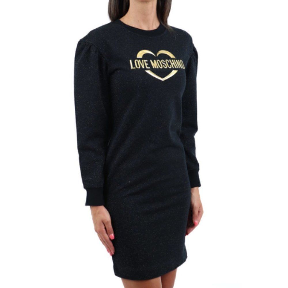 Love Moschino Women's Black Logo Glitter Puff Sleeve Mini Dress Size 38